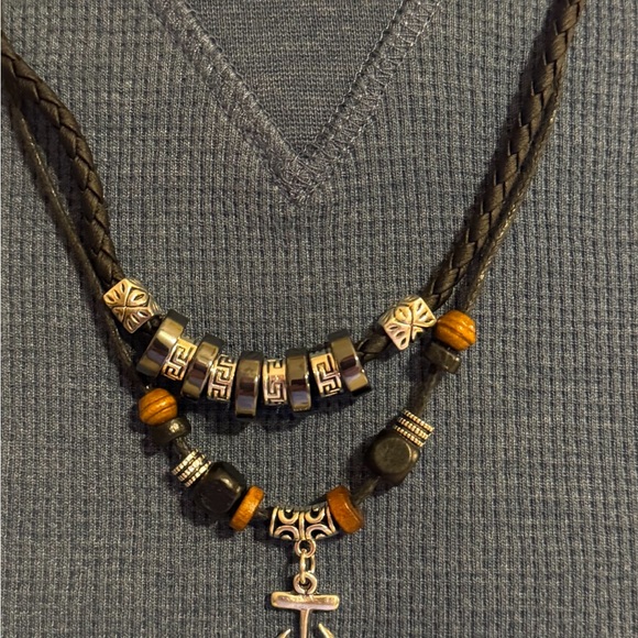 153-PCT New Double Layer Leather  Achor Bohemian Wooden Bead  Adjustable Choker - Picture 3 of 6